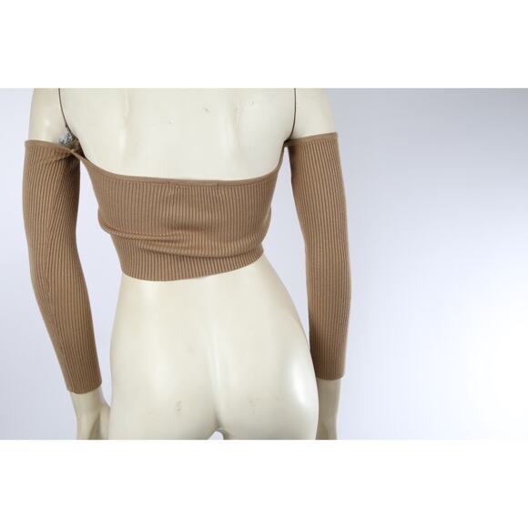 Meshki Brown Off Shoulder Ribbed Cropped Top Women’s Size XS Stretch Knit Cute - Picture 10 of 13
